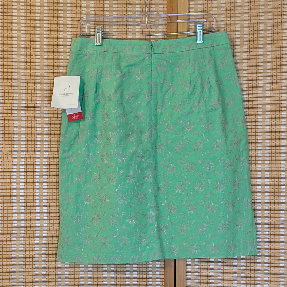 Liz Claiborne Lizsport Mint Green Silver Floral Embroidered Pencil Skirt Size 12 - Picture 2 of 6